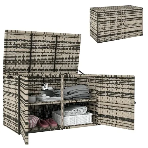 Outsunny Rattan Auflagenbox 350L - Wetterfest und UV-beständig - Auflagenboxen mit 350L Stauraum, ideal für Garten und Terrasse. Robustes PE-Rattan und praktische Hebestangen für müheloses Öffnen.
