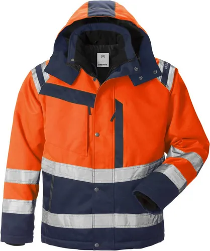 Fristads Kansas 119630-271 Winterjacke - Hi-Vis Warnschutzjacke in Orange/Marine, schmutz-, öl- und wasserabweisend, ideal für den professionellen Einsatz im Freien, mit abnehmbarer Kapuze und zahlreichen Taschen für optimalen Komfort.