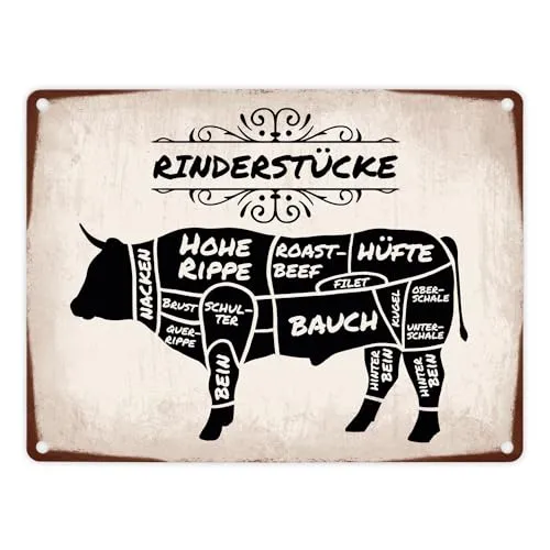 Rinderstücke BBQ Beef Metallschild 15x20 cm - Gartendeko mit hochwertigem Druck, ideal für Grillfans. Zeigt die Herkunft der Fleischstücke vom Rind und wertet deine Grillstation auf.