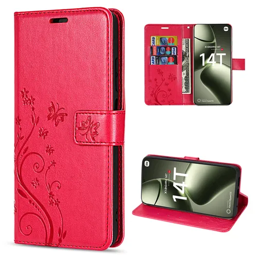 Hülle Xiaomi 14T, Handy Tasche Handyhülle Wallet Case Flip Cover Klapphülle Rot