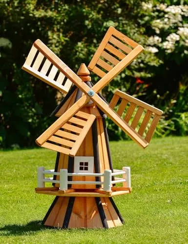 Große Windmühle – Imprägniert und Kugelgelagert - Windspiel aus Holz, 77 cm hoch, mit 360° drehbaren Flügeln. Ideal für Garten oder Terrasse, bringt Bewegung und Farbe in Ihr Outdoor-Design.