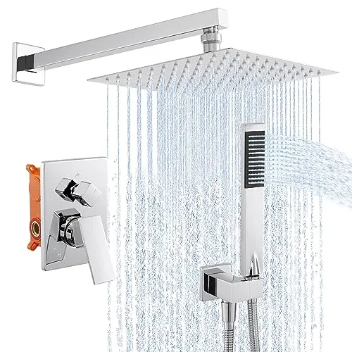 KES Duschsystem Duschkopf Regendusche 3 Strahlarten mit Handbrause Schlauch Duscharmatur Duschbrause Duschset Dusche Anti-Kalk-Düsen Brausekopf Badezimmer 10 Zoll Poliert Chrom, X6230-CH