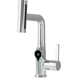 Wasserfall Armatur mit Temperaturanzeige, Badarmatur Waschbeckenmischer mit Hebefunktion, Stream Sprayer, Warm-/Kaltwasser für Bad & Küche, Silber