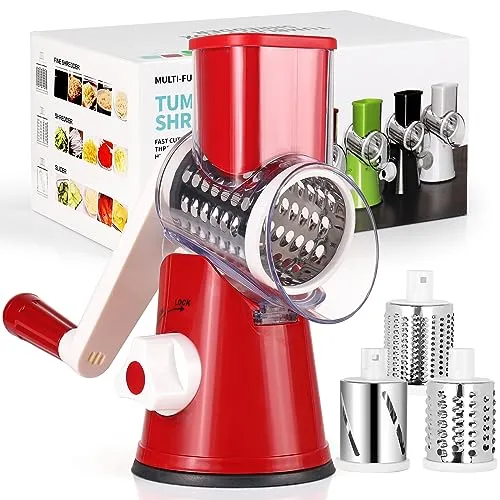 Diealles Shine Käsereibe mit Kurbel, Reibe für Gemüse mit 3 Edelstahl Austauschbaren Trommelklingen, Manuelle Trommelreibe, Gemüseschneider, Ideal für Gurken, Käse und Nüsse, Karotten usw(Rot)