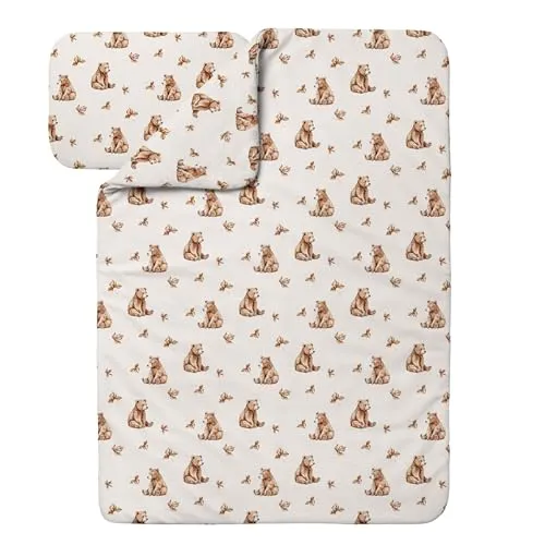 Waldin Baby Kinder Bettwäscheset 100% Bambus, Bärchen/Beige, 100x135cm + 60x40cm - Ideal für empfindliche Babyhaut: Das 100% Bambus Bettwäscheset bietet atmungsaktive und hypoallergene Eigenschaften. Es sorgt für optimalen Schlafkomfort und ist umweltfreundlich.