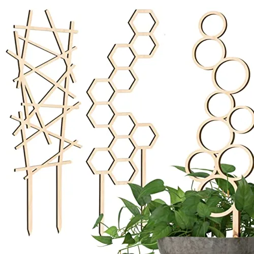 Decorify Rankhilfe Zimmerpflanzen 3 Stück - Rankgitter Holz - Pflanzenstütze 6mm - Rankhilfen für Kletterpflanzen - Pflanzengitter für Topfpflanzen - 39/44/39cm - Hexagon/Zigzag/Bubble - Natur