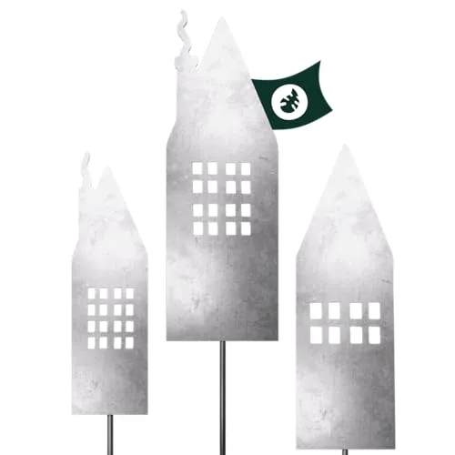 VERDOBA Häuser Gartendeko Stecker- Silberne Deko Häuser - Häusersilhouette Deko Garten - Gartenstecker Häuser mit Antikfinish - stabile Blumenstecker - Silberne Deko für Garten, Balkon & Terrasse