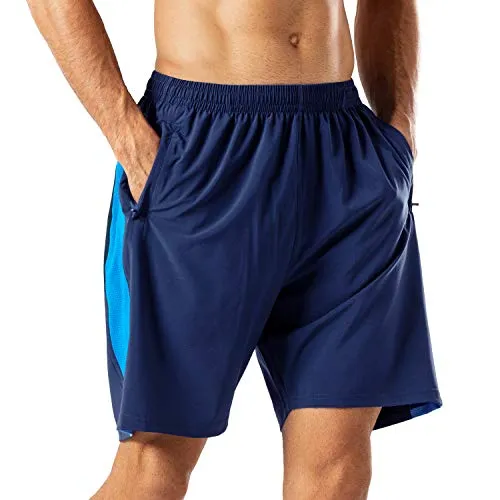 HMIYA Herren Sport Shorts Schnell Trocknend Kurze Hose mit Reißverschlusstasch (Marine Blau,XL)