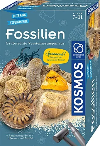 KOSMOS 657918 Fossilien Ausgrabungs-Set - Entdecke echte Fossilien und Bernstein mit Hammer und Meißel, spannendes Experimentierset für Kinder ab 7 Jahren