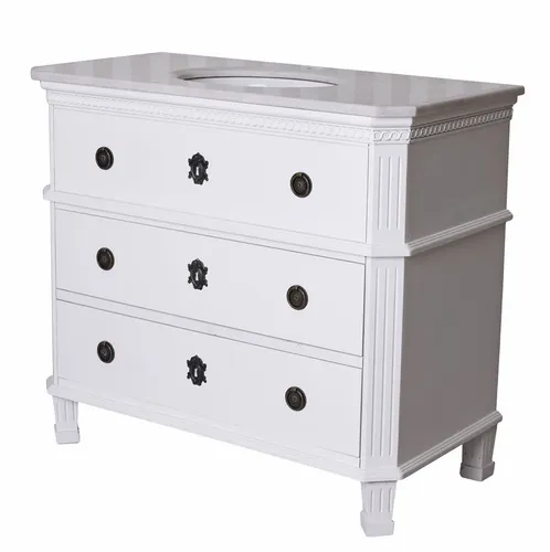Badmöbel Waschbecken Keramik mit Unterschrank - Landhausstil mit 3 Schubladen - Waschtische im Landhausstil, bietet mit 3 Schubladen großzügigen Stauraum und eine elegante beige Oberfläche für Ihr Badezimmer.