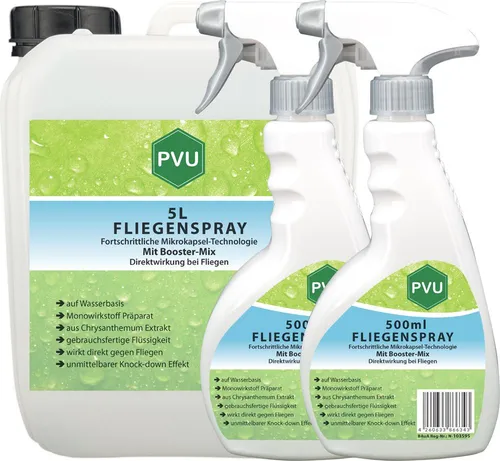 PVU Fliegenspray - Effektiver Insektenschutz - Effektives Fliegenspray auf Wasserbasis zur Bekämpfung von Schadinsekten. Sofort einsatzbereit, geruchsarm und für empfindliche Oberflächen geeignet. Langzeitwirkung durch Mikroverkapselung.