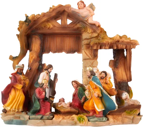 Weihnachtskrippe Handbemalt 22cm - Krippenfigurenset mit Jesus, Maria und Josef, rustikales Design, ideal für Weihnachtsdekoration und Krippenspiele, wasserfest und wiederverwendbar.