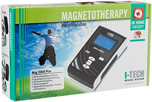 I-Tech MAG 2000 Plus für Heim- und professionelle Magnetotherapie, 2 Kanäle zu je 200 Gauß, 35 Programme, bis zu 10 Benutzerspeicher, Gummiband mit 3 Magneten, Magnetpaar, Beutel