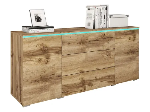 Mirjan24 Sideboard Eiche Wotan mit LED-Beleuchtung - Elegantes Sideboard mit 3 Schubladen, 150 cm breit. Mit grifflosen Öffnungen und LED RGB-Beleuchtung für ein modernes Wohnambiente. Ideal für Ihr Wohnzimmer!