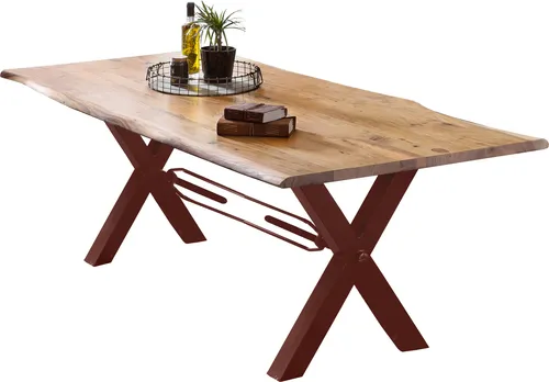 TPFLiving Tisch 160x85 cm aus Akazie mit Metallgestell - Antikbraun - Entdecken Sie den TPFLiving Baumkantentisch Valerius aus massiver Akazie. Mit einer 56 mm starken Tischplatte und modernem Metallgestell wird dieser Tisch zum stilvollen Mittelpunkt Ihres Essbereichs.