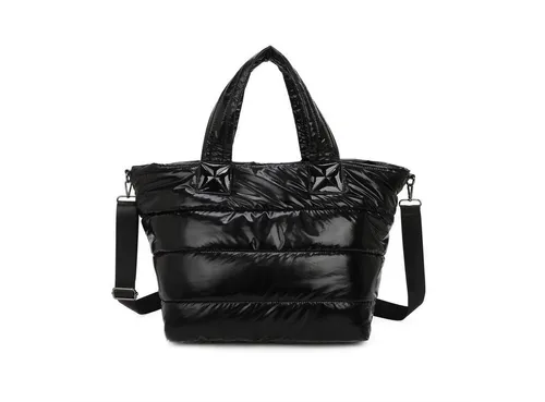 ITALYSHOP24 Schultertasche XL Damen - Glänzende Nylontasche für jeden Anlass - Schultertasche in Schwarz V1, vielseitig als Handtasche, Umhängetasche oder Weekender nutzbar, mit verstellbarem Schulterriemen und praktischen Fächern.