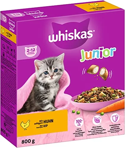 Whiskas Junior Trockenfutter Huhn, 5x800g (5 Packungen) - für heranwachsende Katzen - Extra kleine Kibbles für Kätzchen (2-12 Monate) - unterschiedliche Produktverpackungen erhältlich