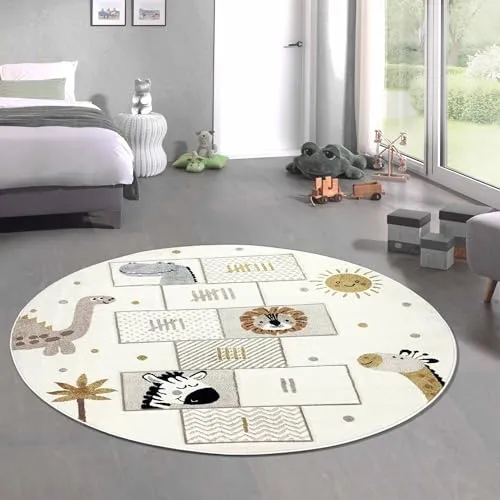 CARPETIA Kinderteppich Rund 160 cm - Hüpfspiel & Tiermotive - Teppich fürs Kinderzimmer mit weichem Laufgefühl und strapazierfähigem Flachgewebe. Ideal für aktives Spielen und Lernen mit Tiermotiven wie Löwe und Giraffe. Pflegeleicht und geeignet für Fußbodenheizung.