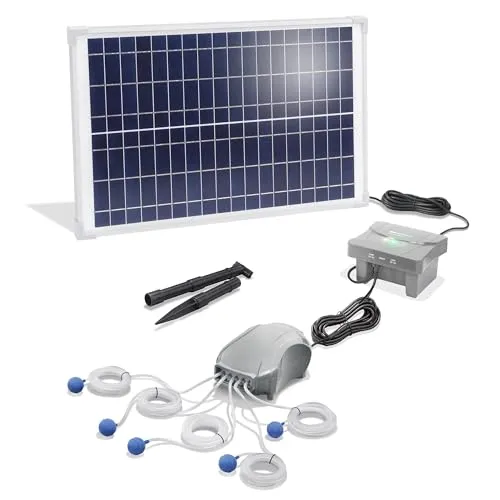 esotec Solar Teichbelüfter-SET 25/600 POWER 5 - Pumpen für Teiche, solarbetrieben mit leistungsstarkem LiFePo4 Akku für optimale Belüftung und umweltfreundlichen Betrieb.