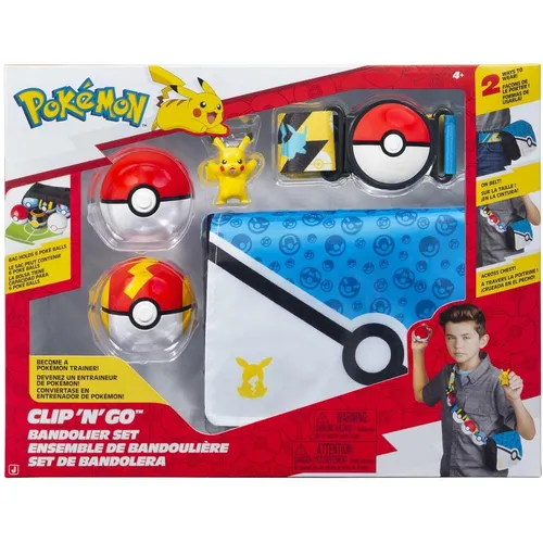 Pokémon PKW4171 - Pikachu Clip ‘N’ Go Bandolier Set - Nachbildungen & Requisiten, inkl. Pikachu Battle Figur und zwei Pokébällen für spannende Abenteuer - perfekt für Pokémon-Trainer!