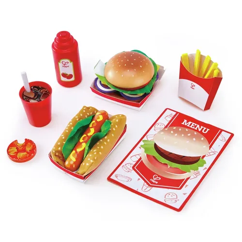 HAPE E3160 Set Fast Food - Spielzeugküche - Kreatives Fast-Food-Set für Spielzeugküchen, ideal für fantasievolles Spielen und Rollenspiele. Fördert die Kreativität und sozialen Fähigkeiten von Kindern.