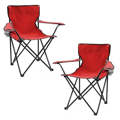 Camping Klappstuhl 2er Set - Rot mit Getränkehalter - Camping-Stühle: Klappbar und leicht transportierbar mit Tragetasche, ideal für Festivals, Freizeit und Angeln, belastbar bis 100 kg.