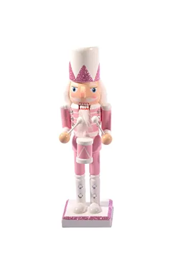 Christmas Nutcracker Toy Soldier Drummer (24cm) Wooden Glittery Decoration, pink/White