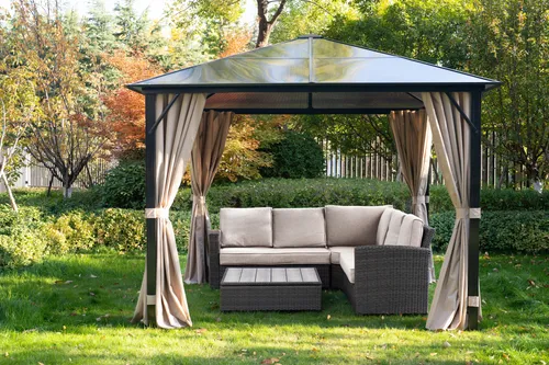 KONIFERA Pavillon Aruba 2.0 - Quadratischer Pavillon mit 4 Seitenteilen, ideal für Gartenpartys, aus robustem Aluminium mit pulverbeschichtetem Gestell und transparentem Polycarbonat-Dach.