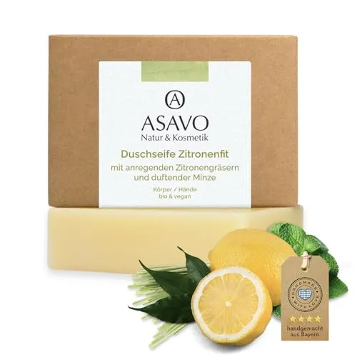 ASAVO Premium Naturseife Zitronenfit BIO, handgemachte Seife mit Bio-Karitébutter, mit dem Duft von Zitronengras & Minze, vegan, 1x95g