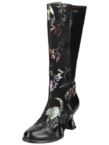 High-Heel-Stiefel LAURA VITA - Modischer Damenstiefel aus Leder/Textil - Wanderschuhe mit Blumenapplikationen und bunten Nähten, seitlicher Reißverschluss für einfaches Anziehen und angenehme Decksohle für besten Tragekomfort.