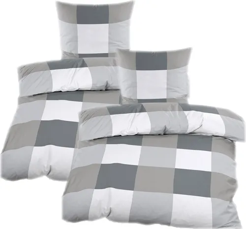 Biber Bettwäsche 135x200 cm | 4tlg. | Winter Garnitur | 100% Baumwolle | mit Reißverschluss | Grau Anthrazit kariert