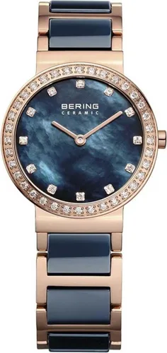 BERING Damen Quarz Uhr 29 mm - Roségoldenes Edelstahlgehäuse mit blauem Zifferblatt - Armbanduhren für Damen - Minimalistisch-dänisches Design mit kratzfestem Saphirglas und hypoallergenem Edelstahlband, ideal für stilbewusste Frauen.