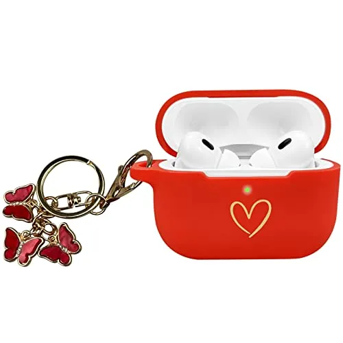AIIEKZ Kompatibel mit AirPods Pro 2 Hülle Cover 2022, weiche Silikonhülle mit goldenem Herzmuster für AirPods Pro 2./1. Generation Hülle mit süßem Schmetterlings-Schlüsselanhänger (Rot)
