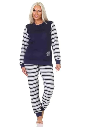 Normann Geringelter Damen Frottee Schlafanzug Langarm Pyjama Eiskristall Navy 36-38 - Kuscheliger Damen Schlafanzug aus weichem Frottee für kalte Tage. Mit breitem Ringel-Design und eleganter Eiskristall-Stickerei. Bequeme Passform für optimalen Tragekomfort und Maschinenwäsche bis 60 Grad.