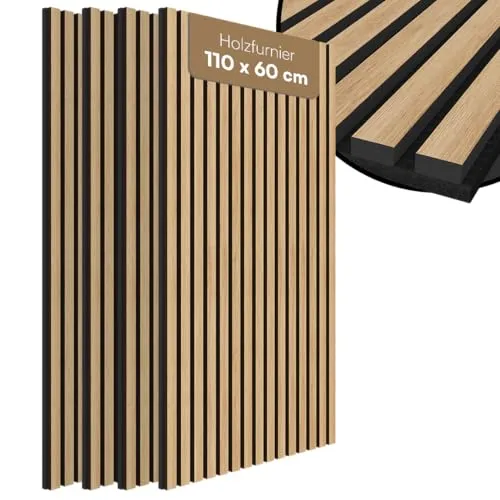 Bellamio Kilwa Akustikpaneele Holz 110x60 cm – 4er Set für moderne Wandverkleidungen - Hochwertige Akustikpaneele in Holzoptik, ideal für Wohnzimmer und Büros. Effektive Schalldämmung durch 3D-Lamellenstruktur, einfach zu montieren und anpassbar.