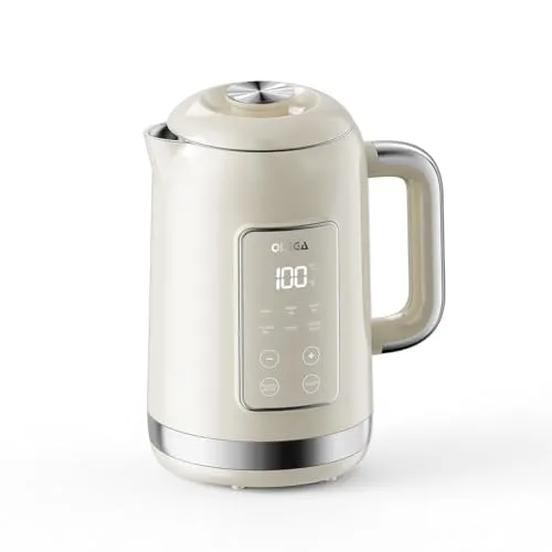 OLEGA Wasserkocher: 1800 W Wasserkocher mit Temperaturregelung, 1,5 l Fassungsvermögen, Edelstahl, Smart Kettle, ideal für Kaffee und Tee, Beige