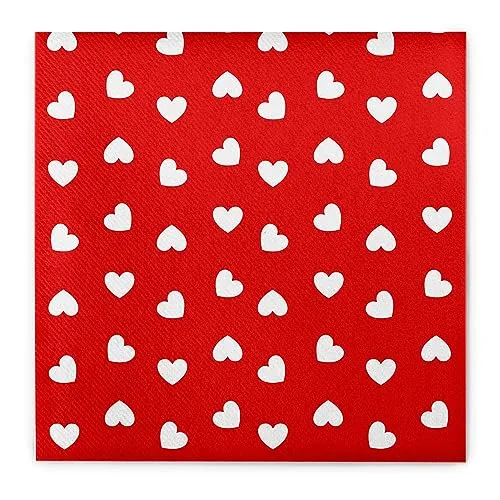 Sovie HOME Airlaid Serviette LOVE, 40 x 40 cm, 1/4 Falz, 12 Stück, Design weiße Herzen auf rotem Hintergrund, saugstarke stoffähnliche Papierserviette, Ideal für Hochzeit, Verlobung