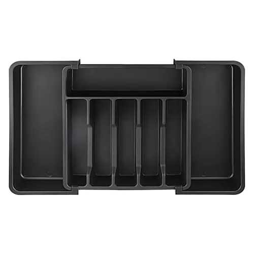 Salubohum Besteckhalter für Schubladen, Schubladeneinsatz Küche, Ausziehbarer Besteckkasten, Besteckkorb mit 8 Fächern, Geeignet für Löffel, Gabeln, Messer (33,5-56,5 x 6 x 37,5 cm) (Schwar)