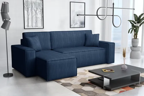 Emoebel24 Ecksofa Denis mit Schlaffunktion in Dunkelblau - Ecksofa mit Schlaffunktion – Stilvolles Design und multifunktional. Ideal für entspannte Abende oder als gemütliche Schlafgelegenheit für Übernachtungsgäste.