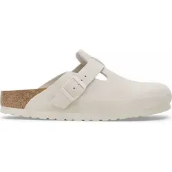 Birkenstock Damen Hausschuhe Boston - antique white - Klassische Birkenstock Clogs aus weichem Veloursleder mit anatomischem Korkfußbett für optimalen Gehkomfort. Individuell verstellbare Schnallen und modisches Design machen sie zum idealen Begleiter für den Sommer.