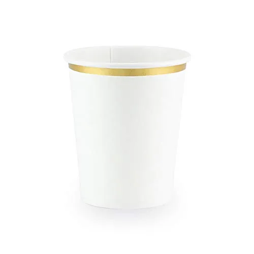 Premium Weddings Pappbecher weiß Rand Gold ca. 250 ml 6 Stück - Einwegbecher Hochzeit Becher Taufe Partybecher Kindergeburtstag Pappbecher Advent Weihnachten Silvester weiß Gold