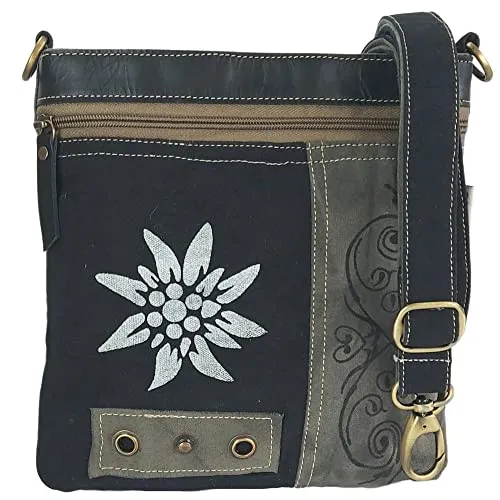 Domelo Dirndl Tasche. Canvas Umhängetasche mit Edelweiß Aufdruck. Oktoberfest Damen Accessoires. Kleine braune Trachtentasche als Geschenk (schwarz)