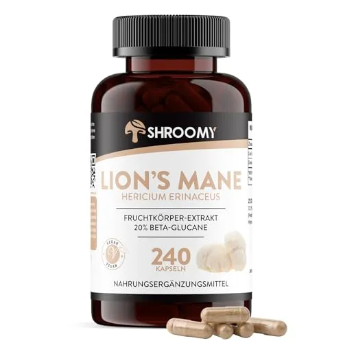 SHROOMY Lions Mane Extrakt Kapseln - Hochdosierte Nahrungsergänzung mit 240 Kapseln für über 2 Monate. 20% Beta-Glucane aus reinem Fruchtkörper, vegan und ohne Allergene. Qualität aus Deutschland.