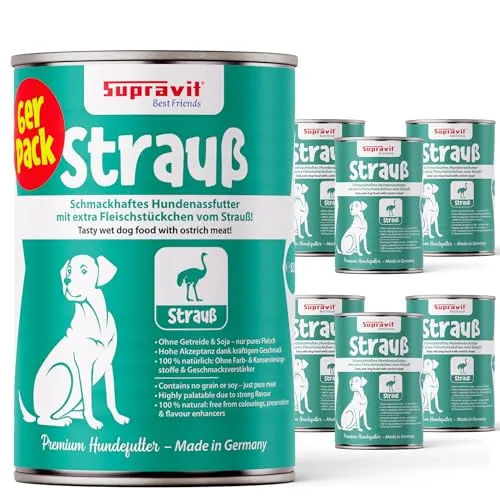 Supravit Nassfutter für Hunde mit Strauß – 6 x 820g - Hochwertiges Nassfutter für Hunde mit 100% Frischfleisch aus deutscher Herstellung. Getreidefrei und schonend zubereitet für optimale Verträglichkeit. Ideal für ernährungssensible Hunde. 6 Dosen à 820g für eine schmackhafte Ernährung.