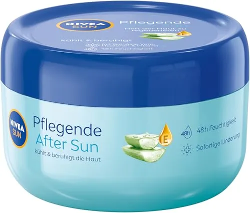 NIVEA SUN After Sun Nährender Balsam, kühlende Lotion nach dem Sonnenbad, beruhigender Balsam mit Bio-Aloe Vera und Hyaluron für 48h Feuchtigkeit (300 ml)