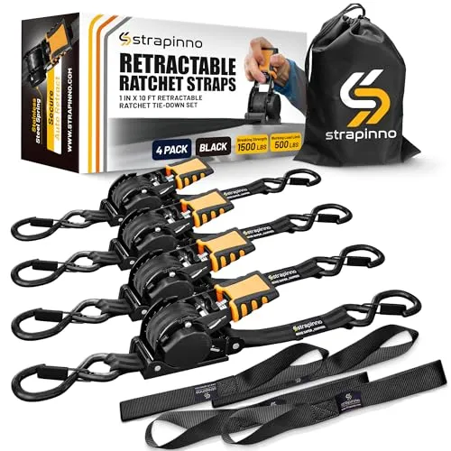 Strapinno Retractable Ratchet Straps 1 in x 10 ft, Secure Tie-Downs with Rubber-Coated Steel Handles, for Motorcycle, Jetski, Kayak, Breaking Strength 1,500LBS/680KG (Black Strap, Black Coated)
