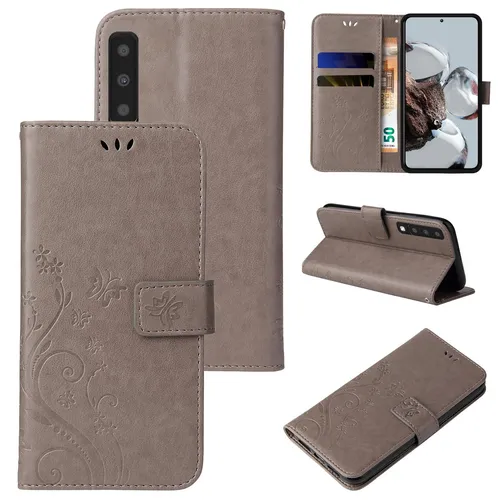 Handyhülle für Samsung Galaxy A7 2018 Klapp Case Tasche Blume Schmetterling Grau