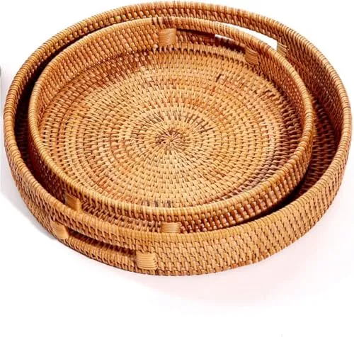 Dudoplatz Rundes Rattan Serviertablett mit Ausgeschnittenen Griffen, Handgeflochtenes Dekoratives Tablett, einsetzbar für Frühstück, Getränke, Snacks und Kerzen (2er-Set: 25 cm, 30 cm)