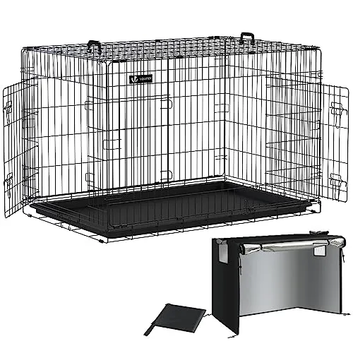 VOUNOT Klappbarer Hundekäfig XXL mit Abdeckung - Hundebox für sicheren Transport, XXL 122x75x81 cm, mit doppelten Türen für einfachen Zugang und abnehmbarer Bodenschale für leichte Reinigung.