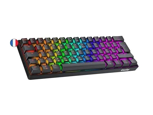 Geeky GK61 60% | Hot Swappable Mechanische Gaming-Tastatur | 62 Tasten Multi Color RGB LED Hintergrundbeleuchtung für PC/Mac Gamer| ISO FR AZERTY Französisches Layout (Schwarz, Mechanical Black)